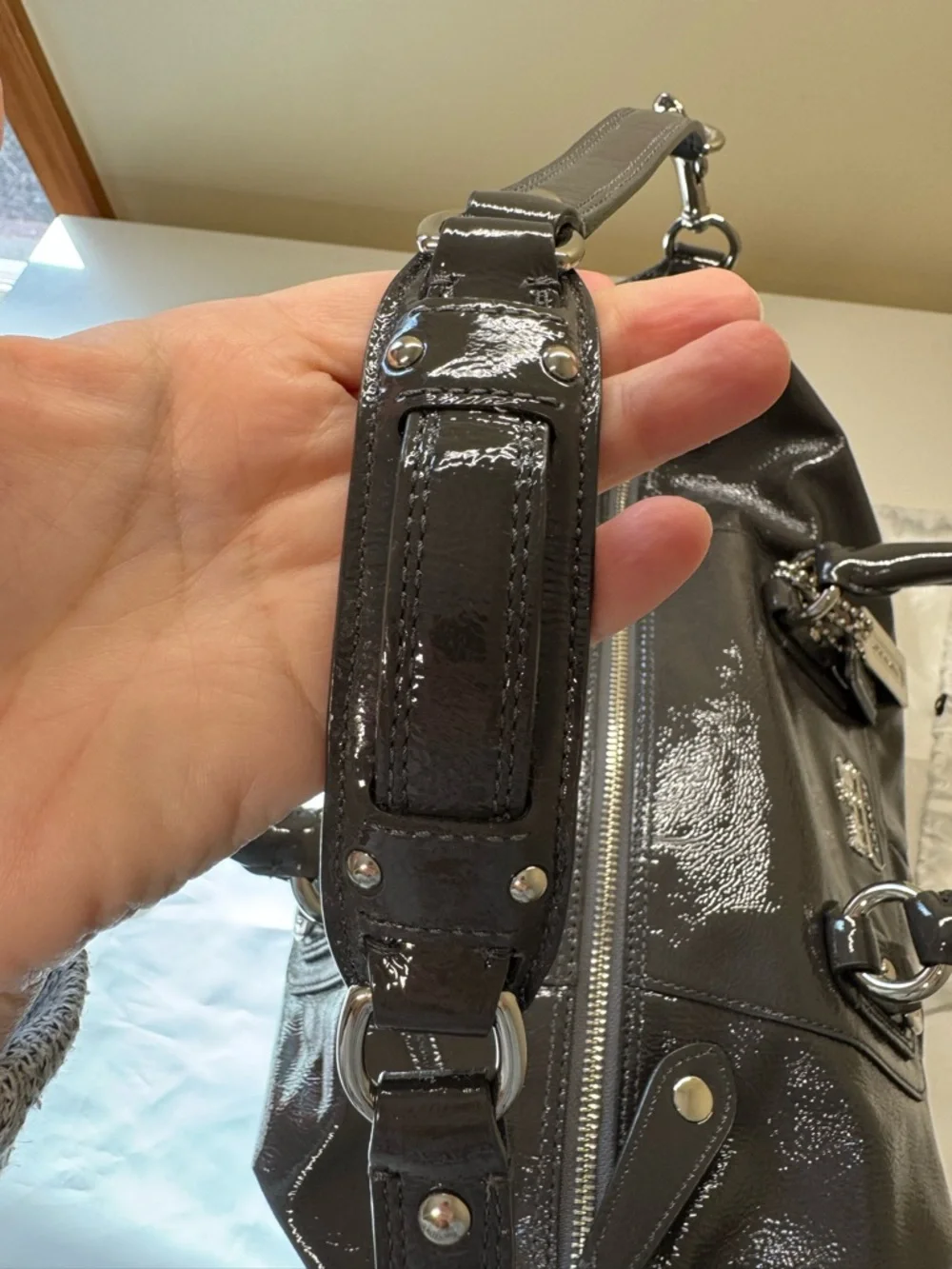 NWOT - Coach Madison Sabrina Satchel in Graphite Patent Leather with Dust Bag